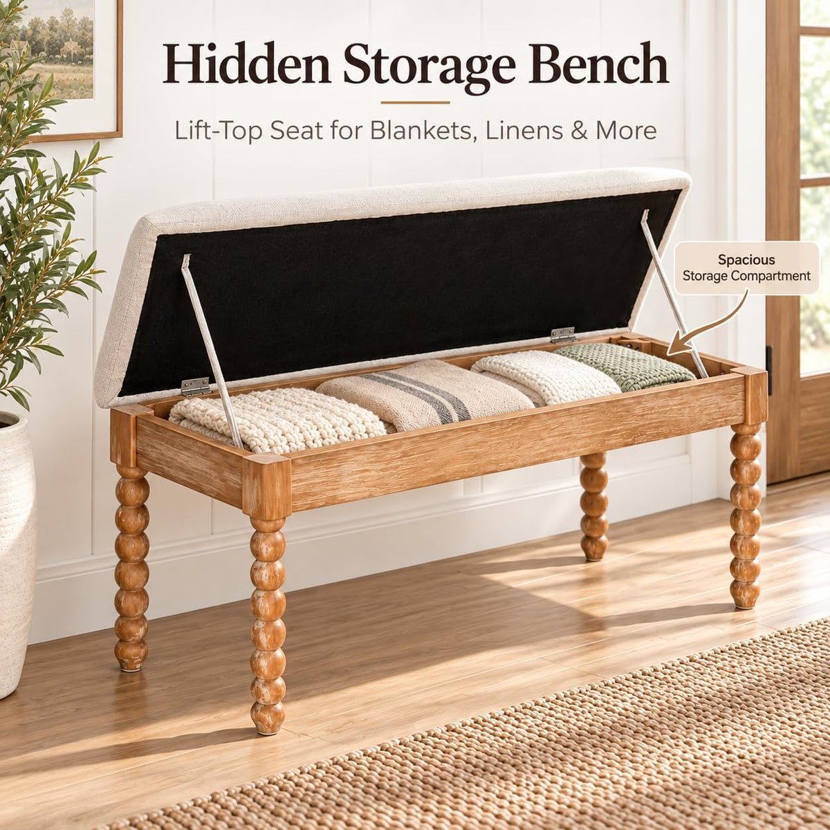 48" Natural Upholstered Entry Storage Bench