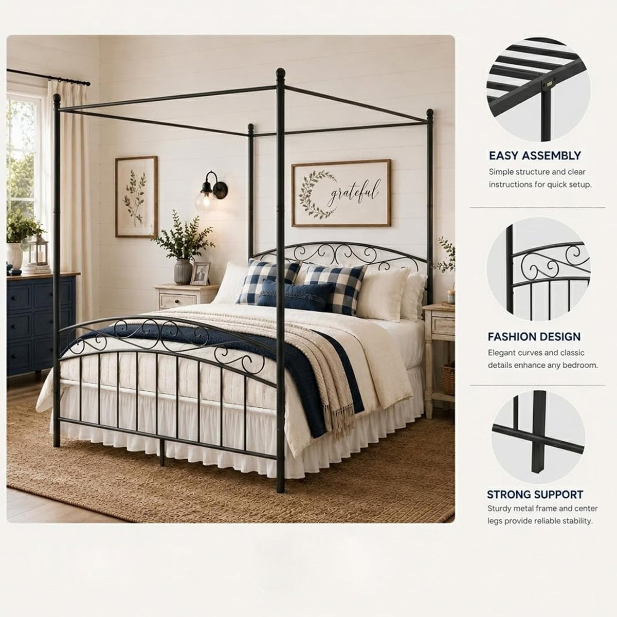 Queen Metal Canopy Bed with Headboard & Footboard