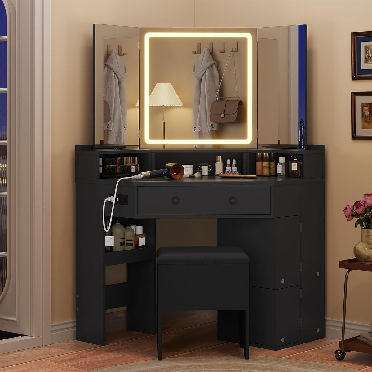 Black Corner Lighted Vanity Desk & Bench