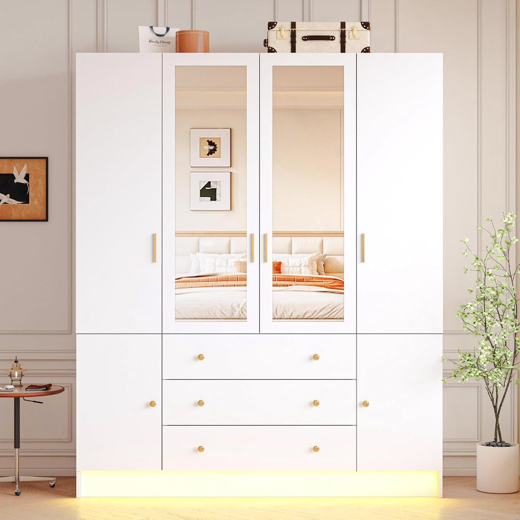 74.8" White Freestanding LED Wardrobe with Mirror & Drawers