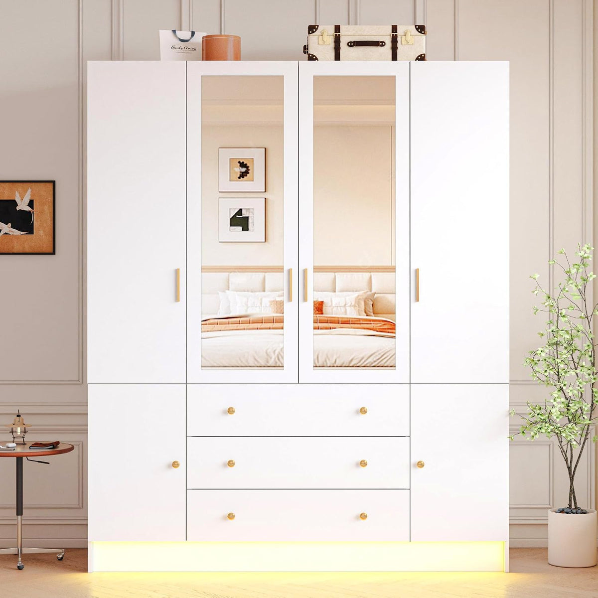 74.8" White Freestanding LED Wardrobe with Mirror & Drawers