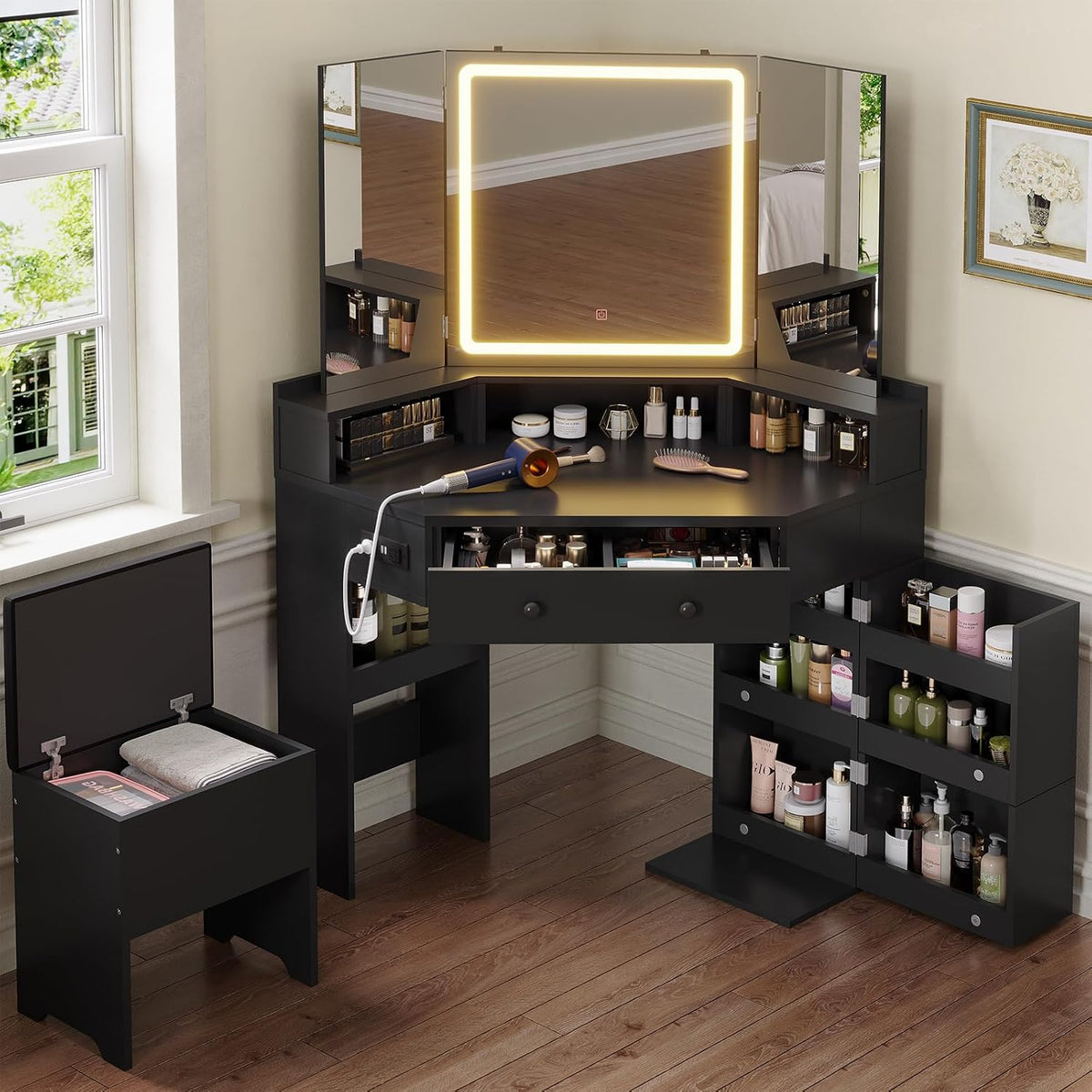 Black Corner Lighted Vanity Desk & Bench