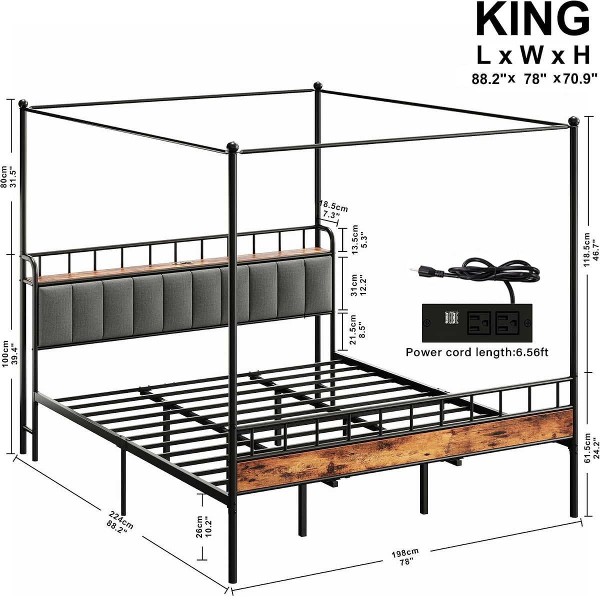 King Canopy Bed with Charging Headboard