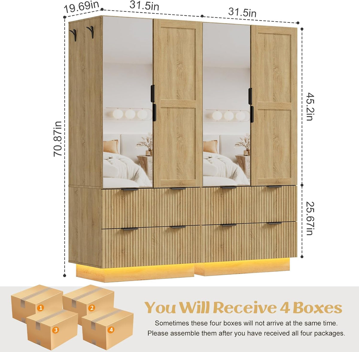 4‑Door Wardrobe with Pegboard & 2 Mirrors