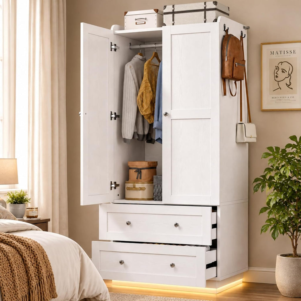 White Wardrobe with Mirror, Drawers & LED Lights