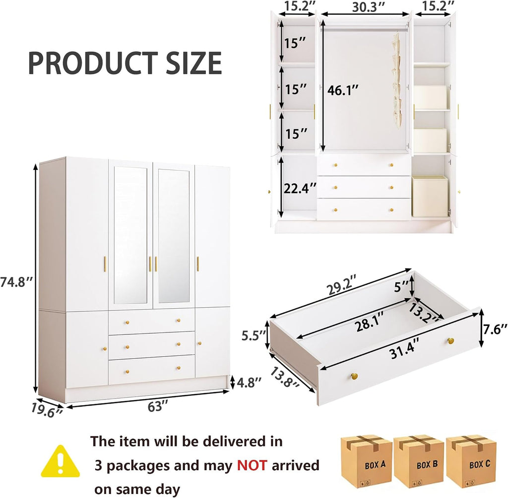 74.8" White Freestanding LED Wardrobe with Mirror & Drawers