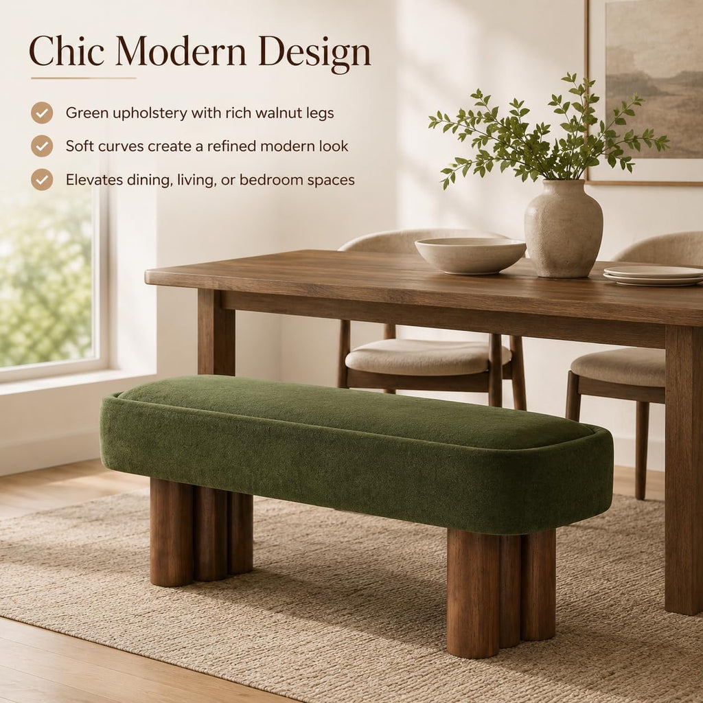 60'' Green Upholstered Dining Bench with Wood Legs