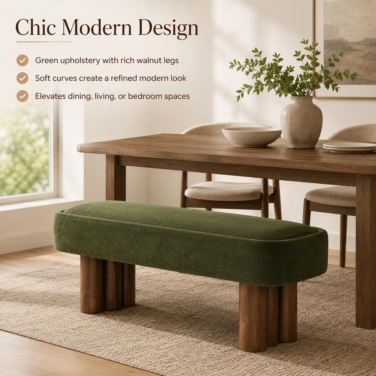 60'' Green Upholstered Dining Bench with Wood Legs