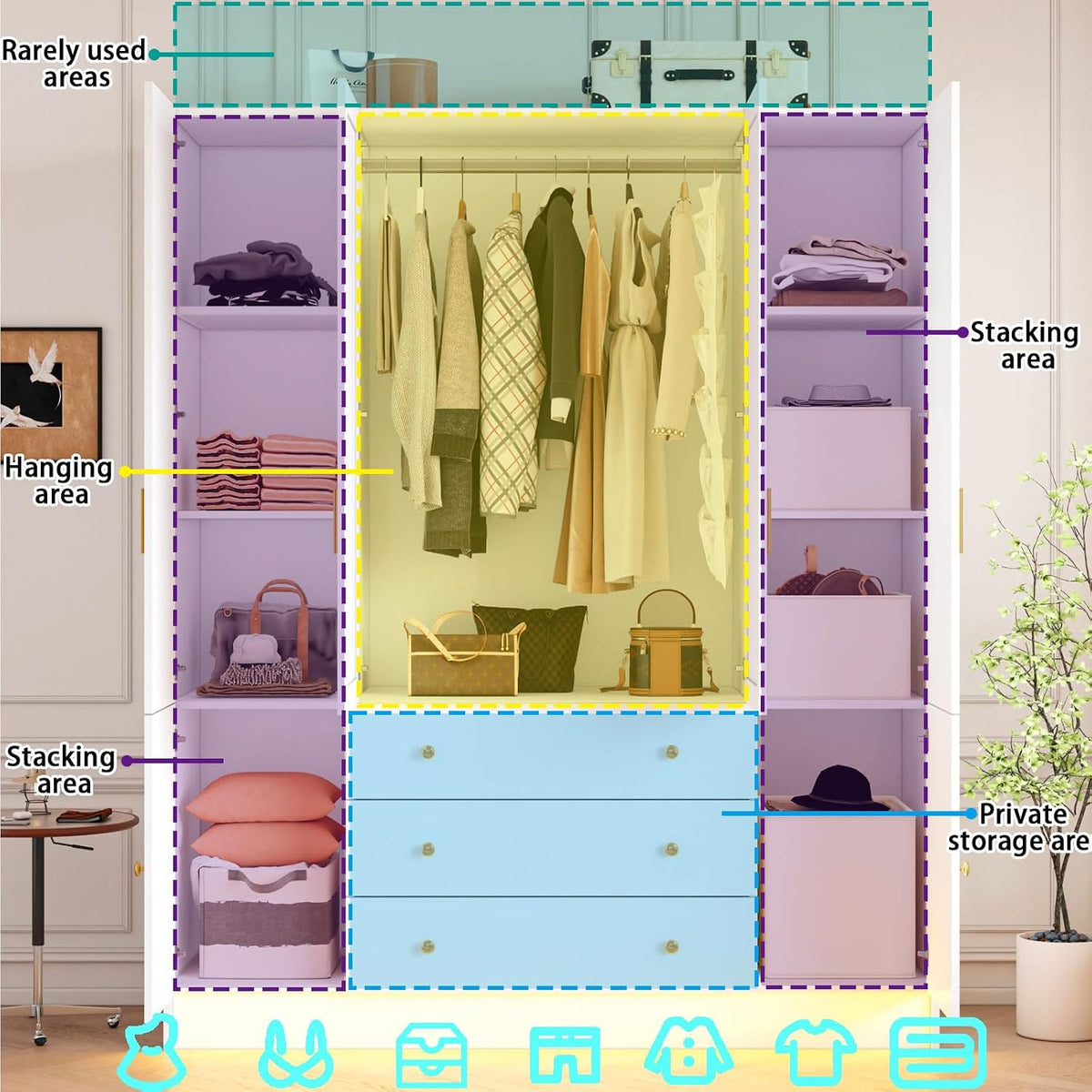 74.8" White Freestanding LED Wardrobe with Mirror & Drawers