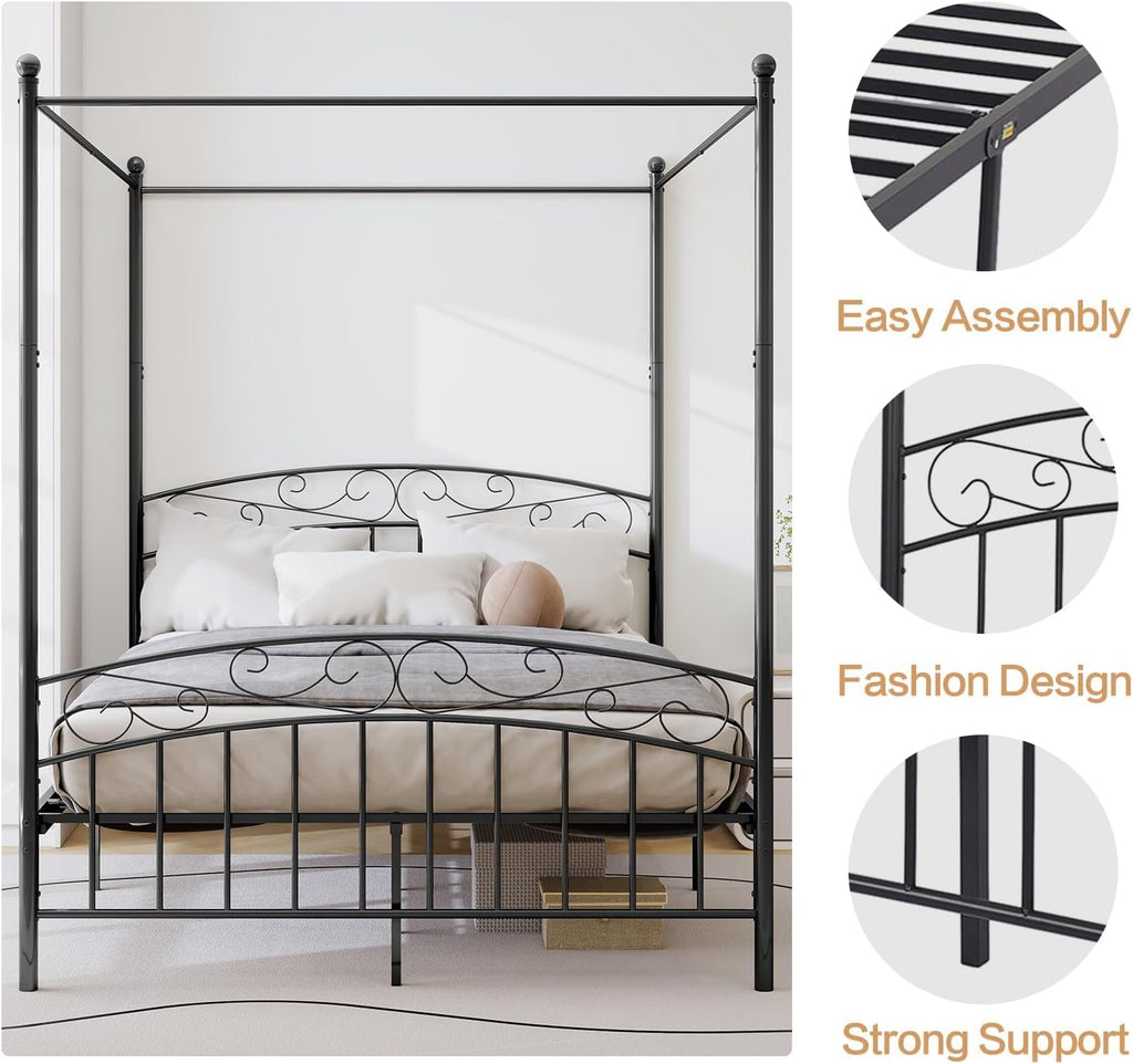 Queen Metal Canopy Bed with Headboard & Footboard