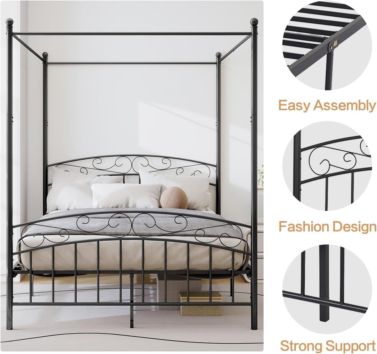 Queen Metal Canopy Bed with Headboard & Footboard