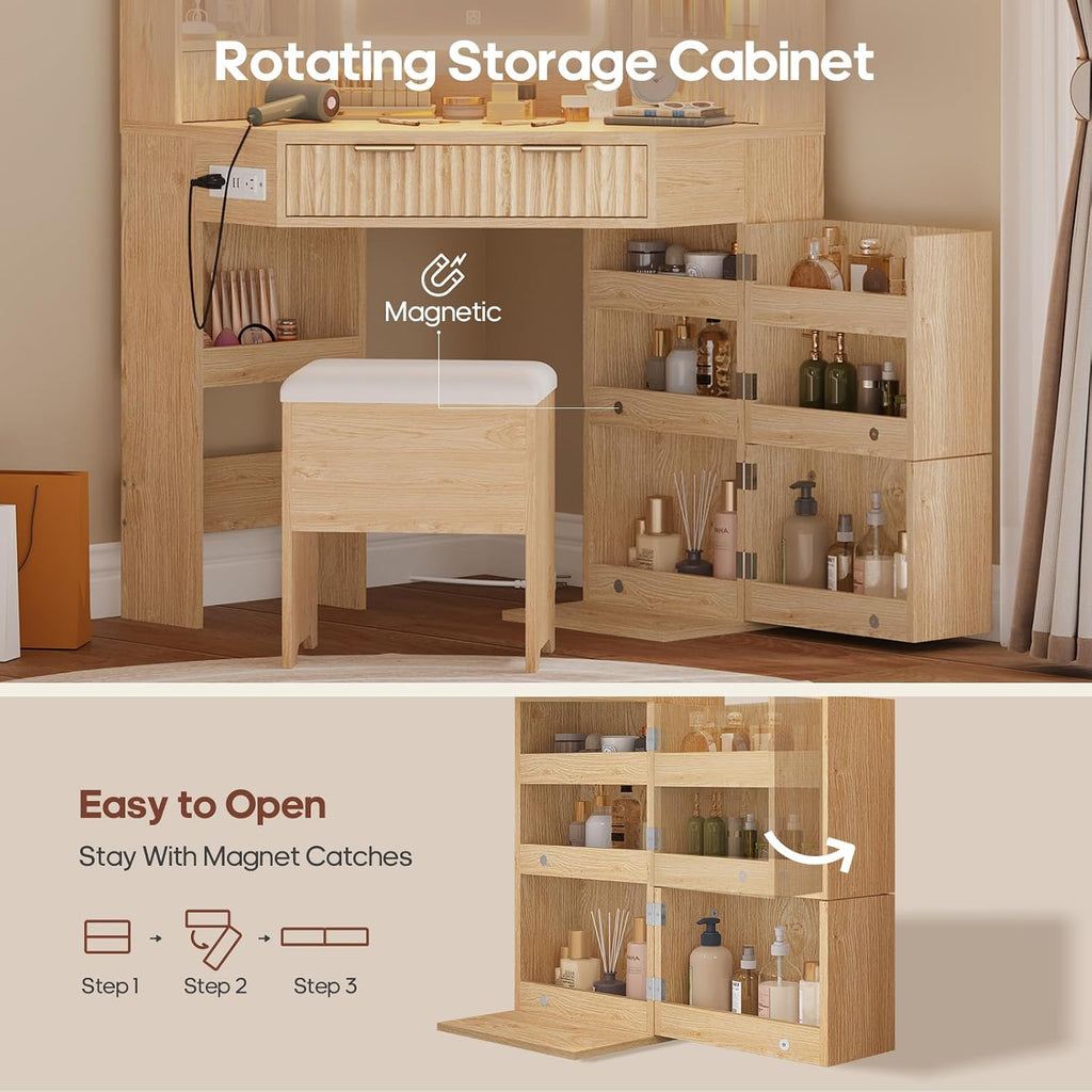 Natural Wood Fluted Corner Lighted Vanity Desk
