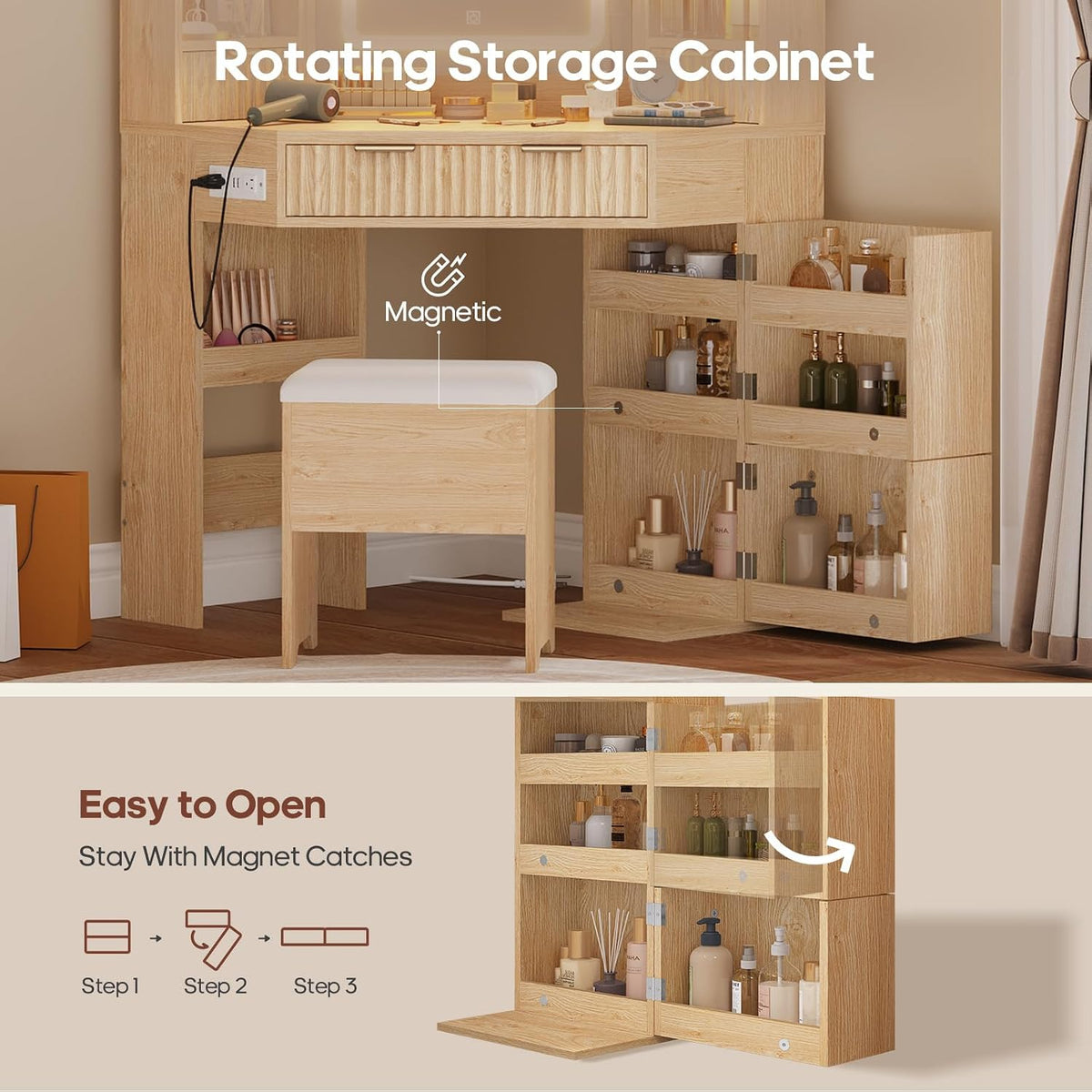 Natural Wood Fluted Corner Lighted Vanity Desk