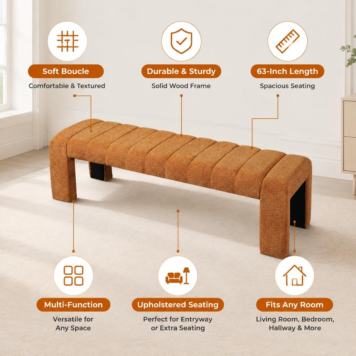 Orange Boucle Modern Entryway Bench