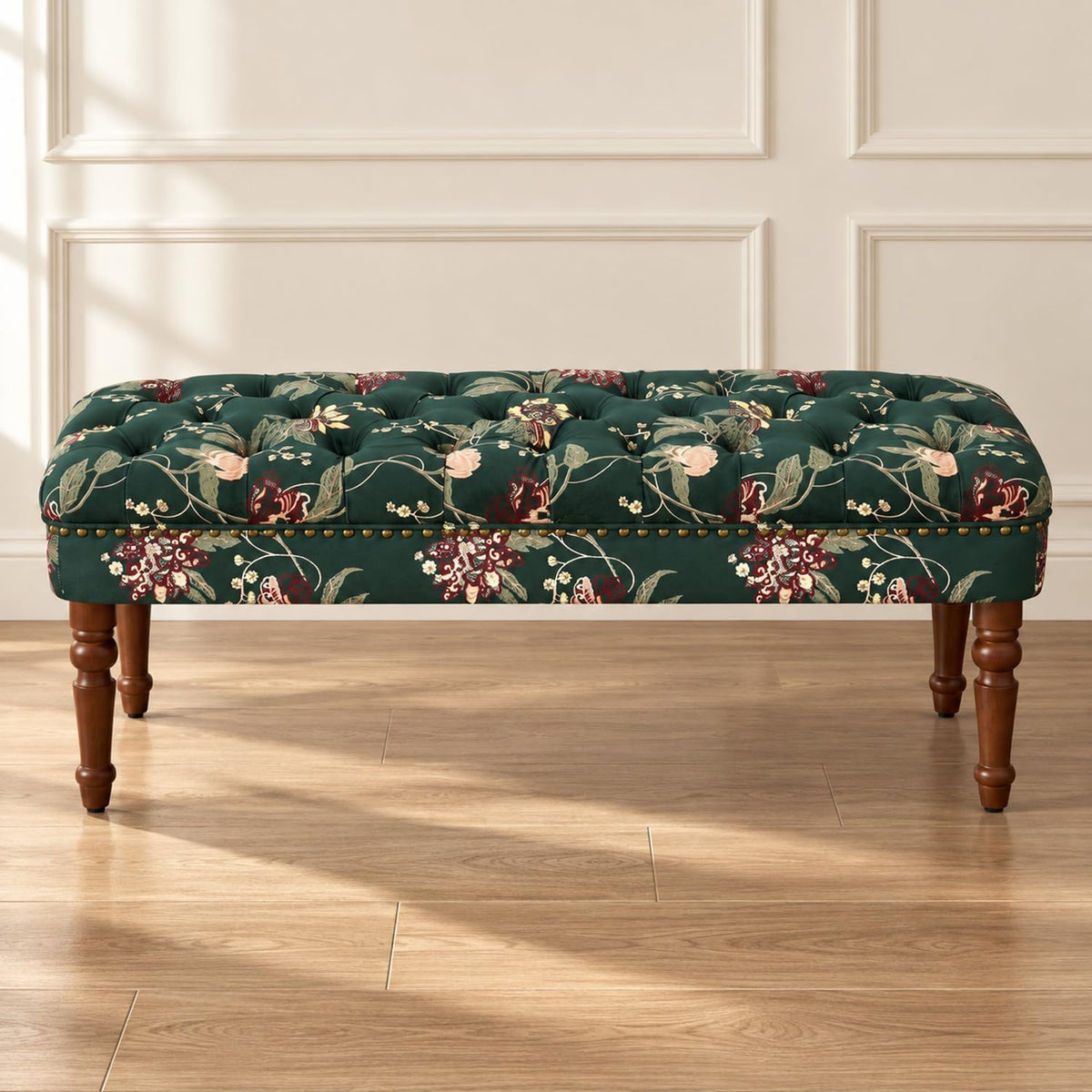 47.25" Green Vintage Floral Ottoman Bench