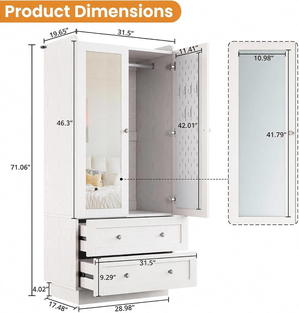 White Wardrobe with Mirror, Drawers & LED Lights