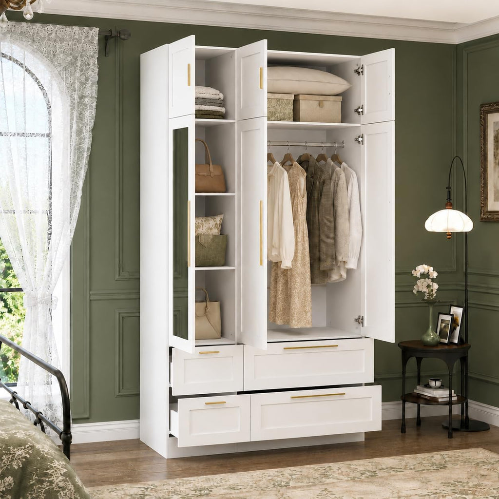 86.7" White 6‑Door Wardrobe with Mirror & 4 Drawers