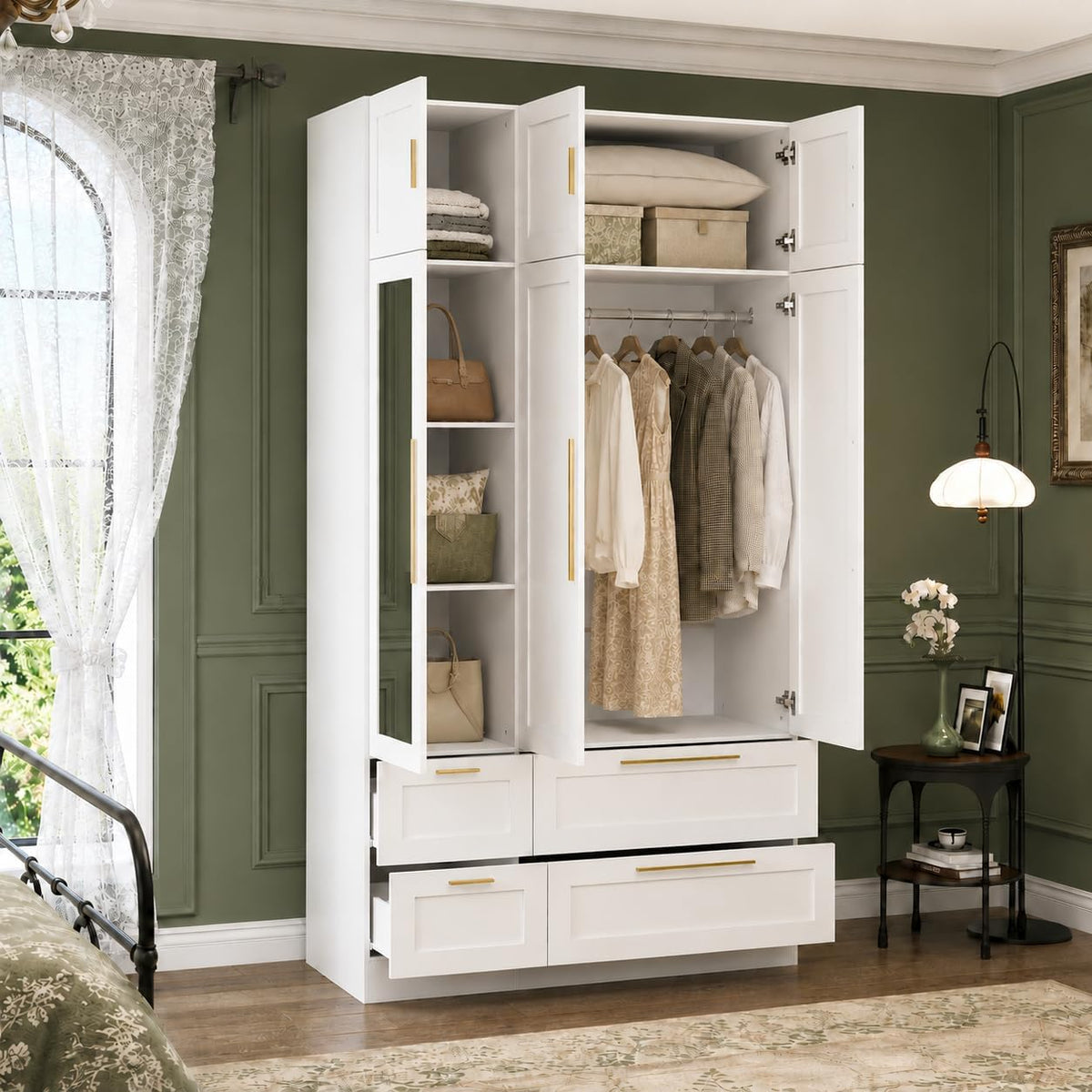 86.7" White 6‑Door Wardrobe with Mirror & 4 Drawers