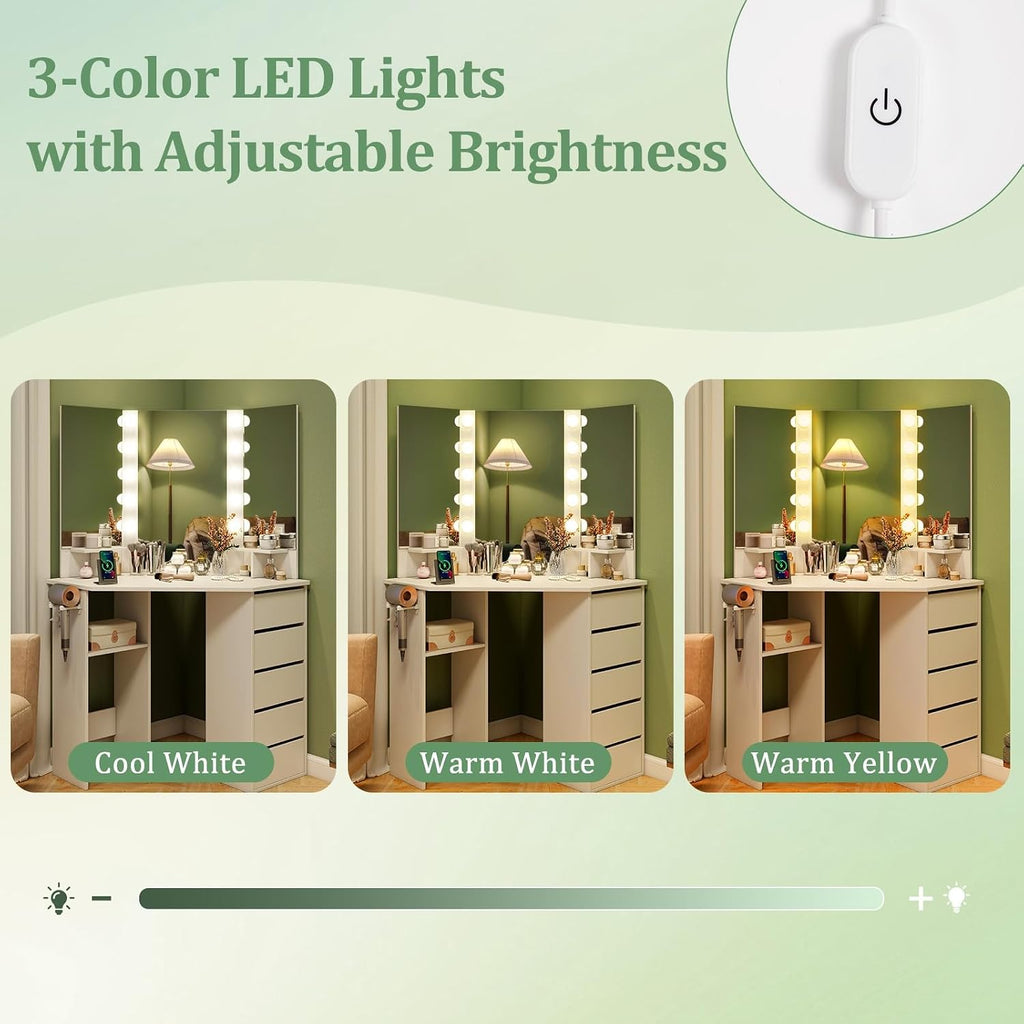 Compact Corner Lighted Vanity Desk, 5 Drawers