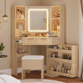 Natural Wood Fluted Corner Lighted Vanity Desk