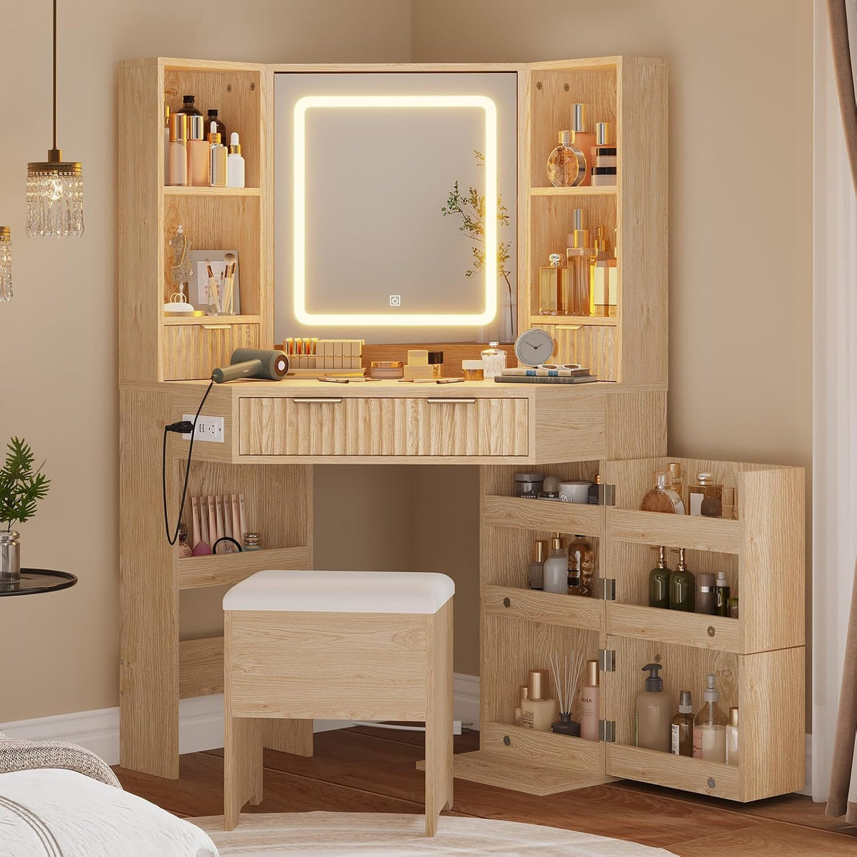 Natural Wood Fluted Corner Lighted Vanity Desk