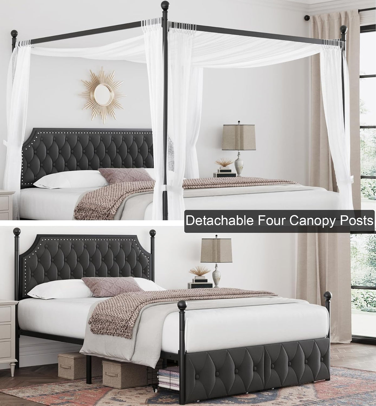 Queen Dark Grey Canopy Bed with 2 Storage Drawers