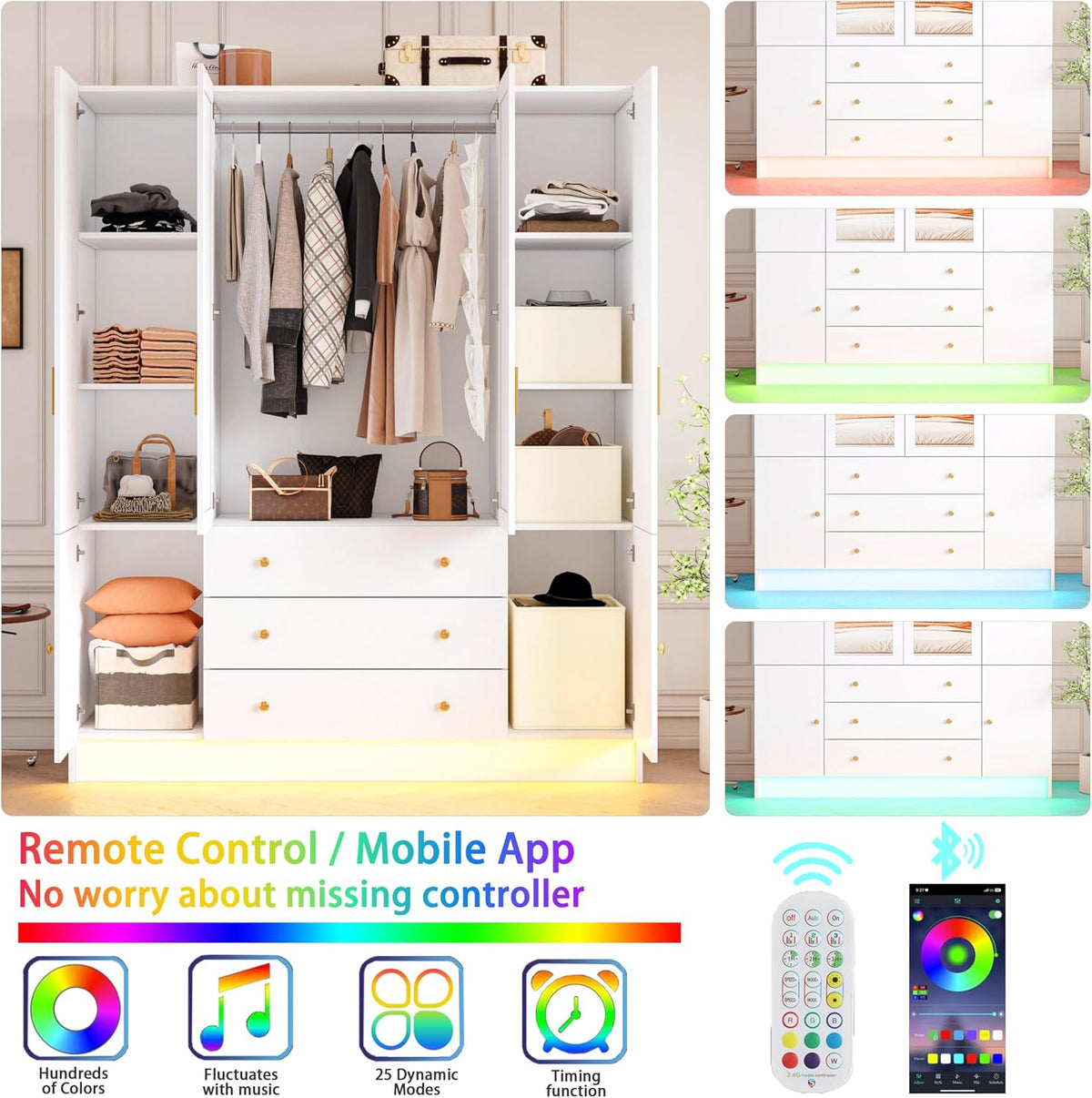 74.8" White Freestanding LED Wardrobe with Mirror & Drawers
