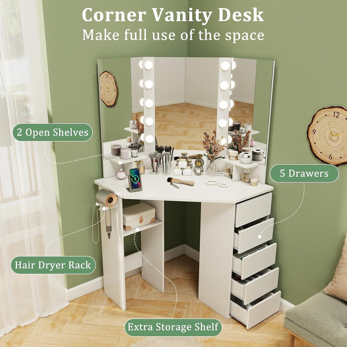 Compact Corner Lighted Vanity Desk, 5 Drawers