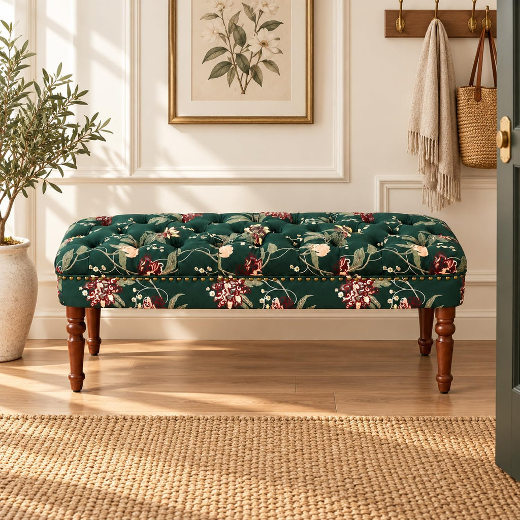 47.25" Green Vintage Floral Ottoman Bench