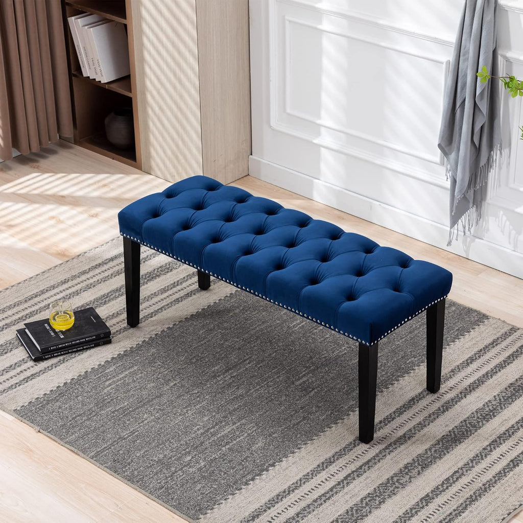 Velvet Tufted Ottoman Bench with Wood Legs