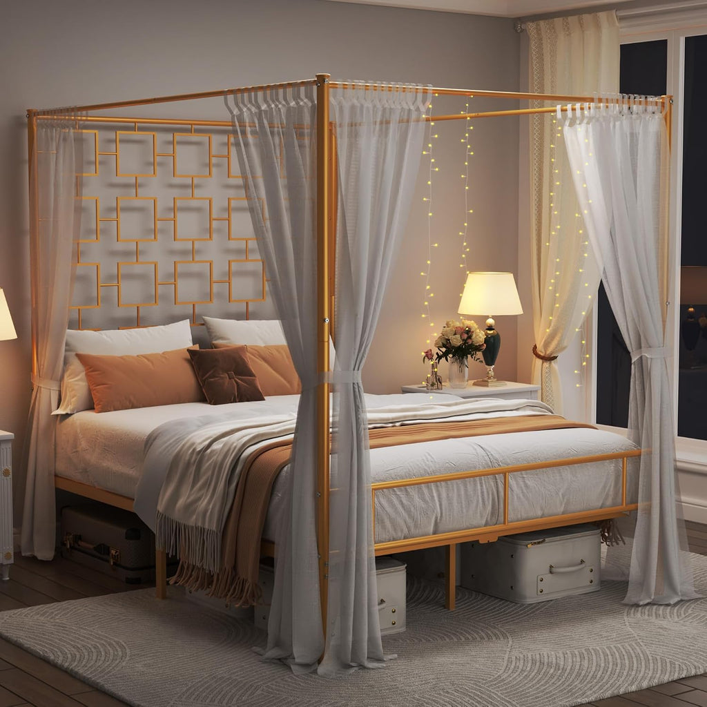 Queen Gold Metal Canopy Bed Frame