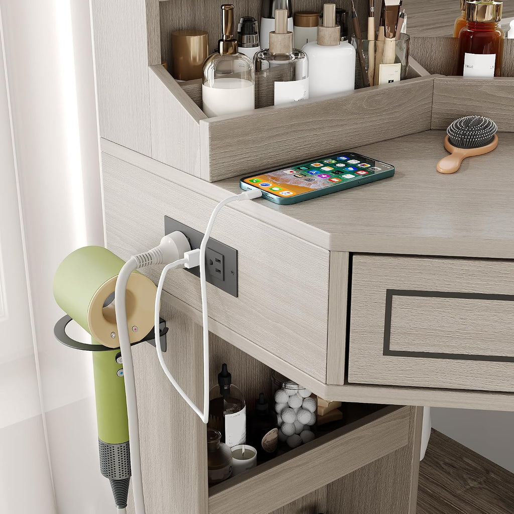 Corner Vanity Desk With LED Mirror & Charging Station