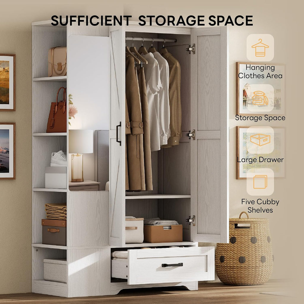 70" White Freestanding Wardrobe with Mirror & Drawer