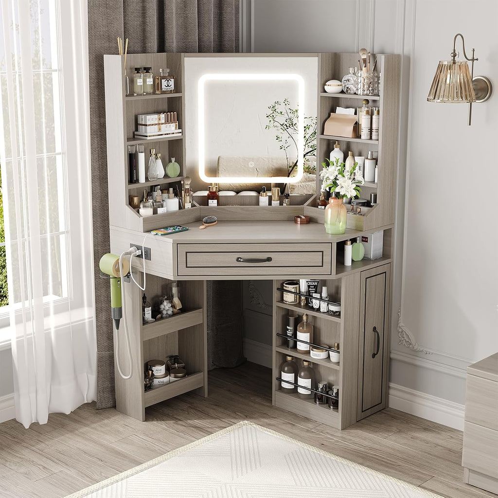 Corner Vanity Desk With LED Mirror & Charging Station