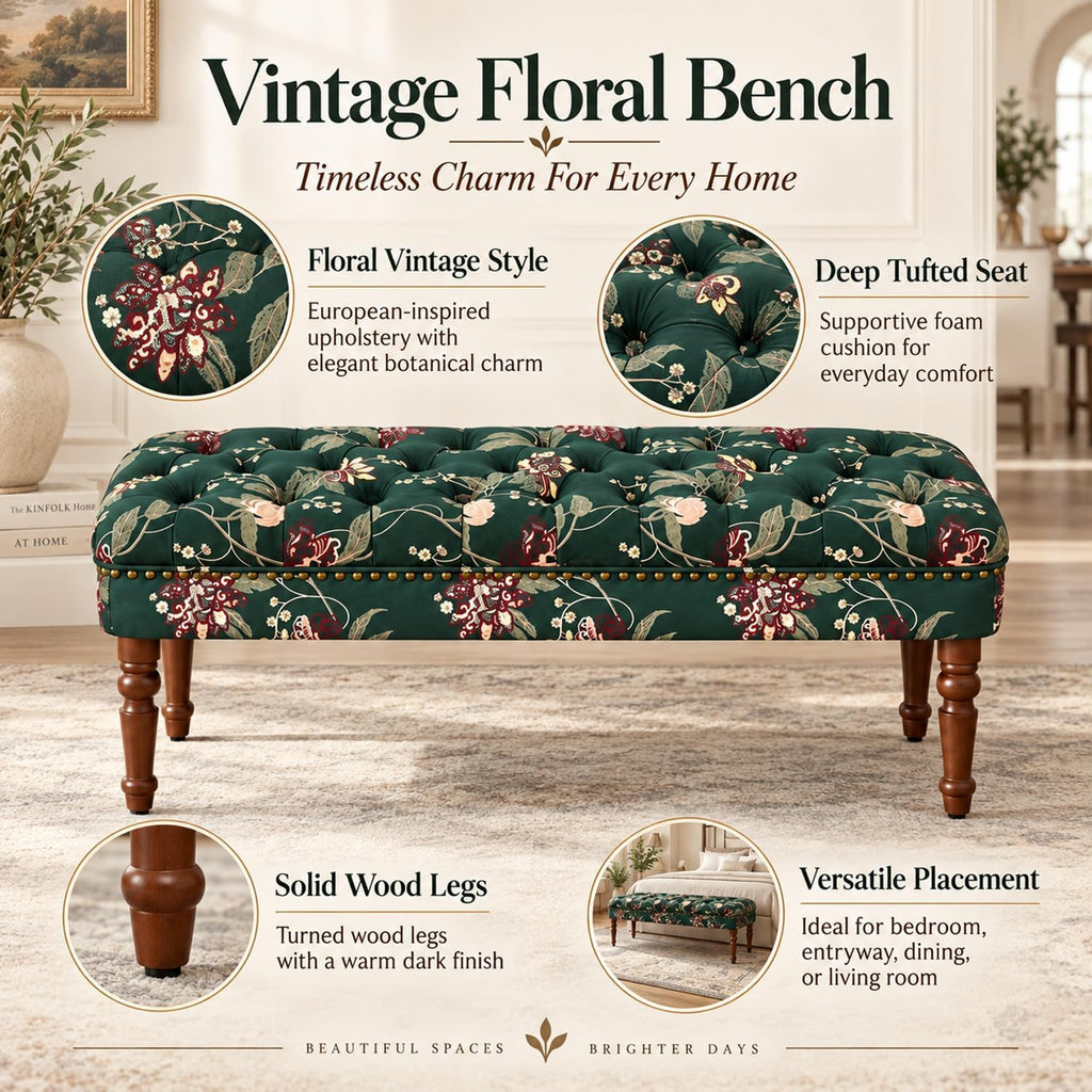 47.25" Green Vintage Floral Ottoman Bench