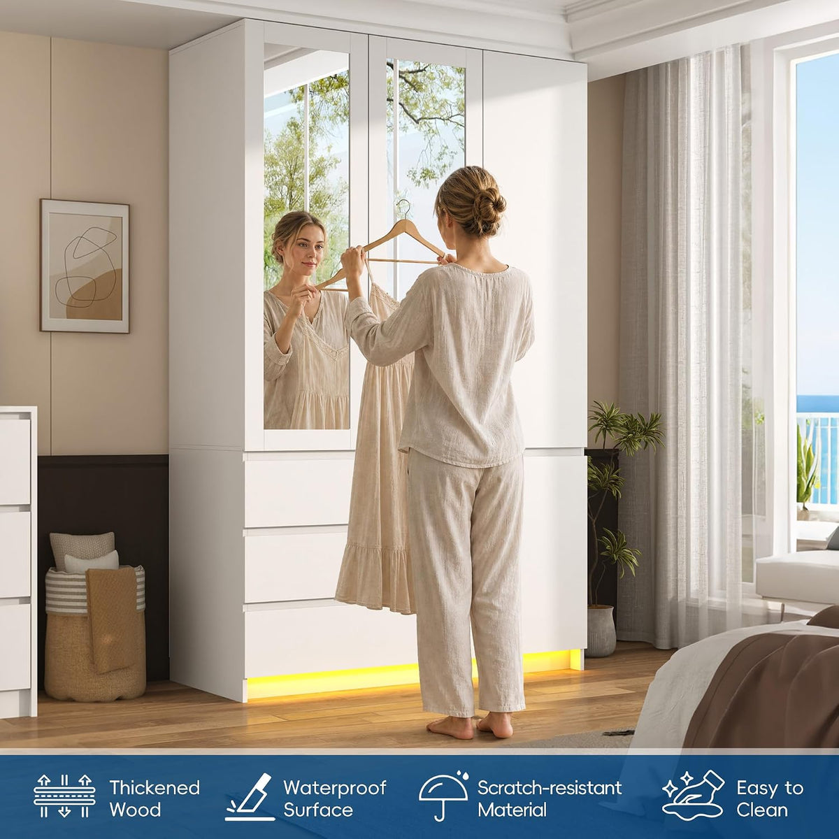 75" White Wardrobe with 2 Mirrors & LED Lights