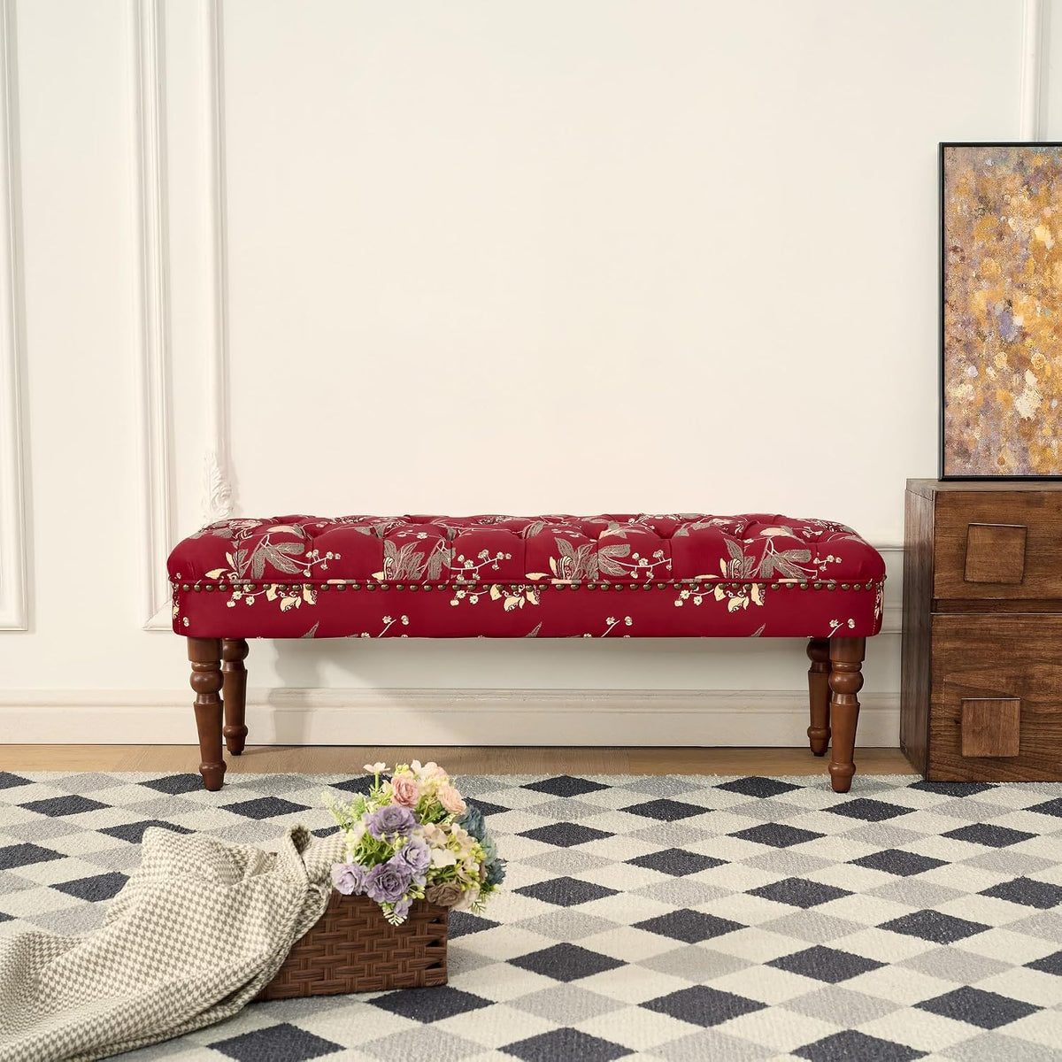 47.25" Red Floral Velvet French Victorian Bench