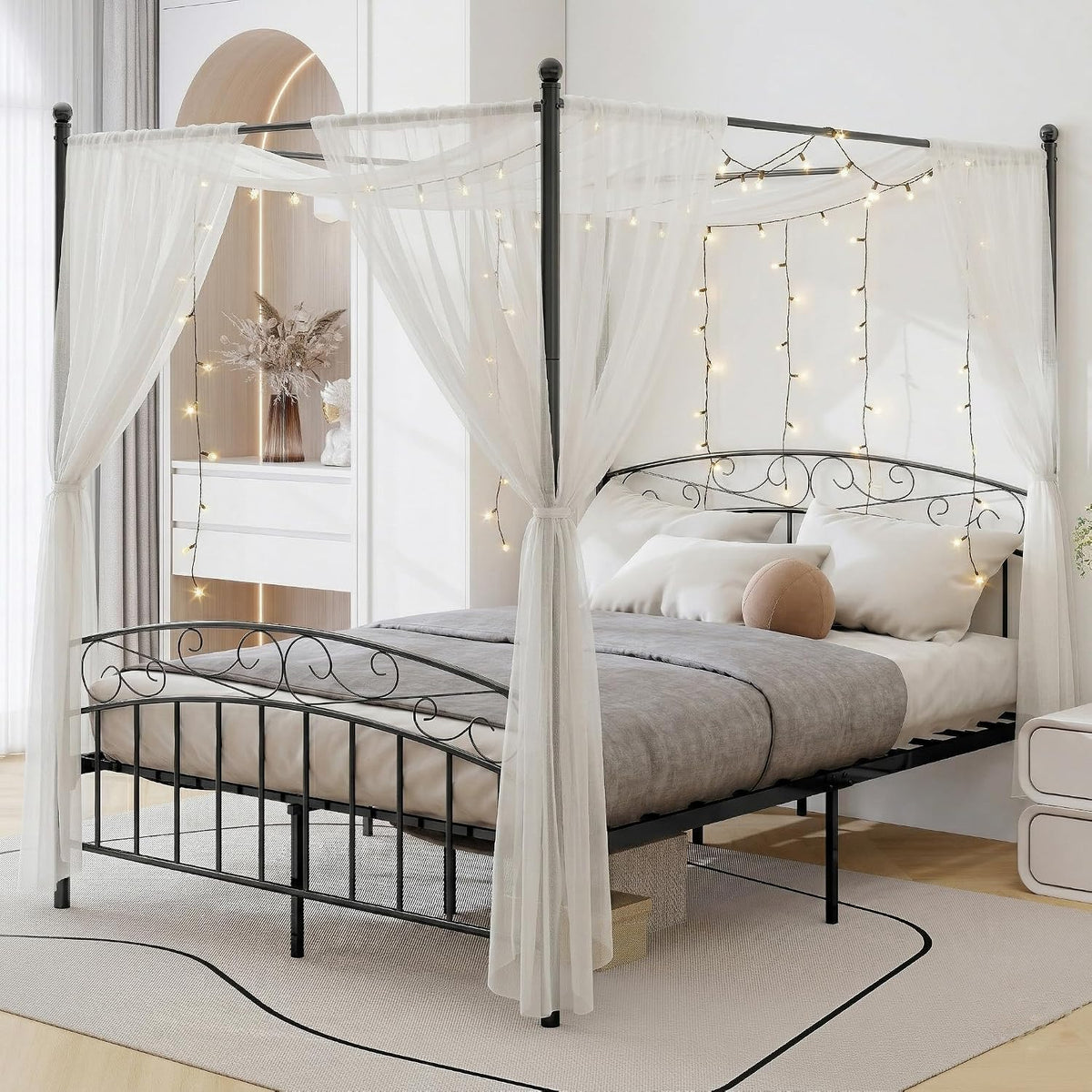 Queen Metal Canopy Bed with Headboard & Footboard