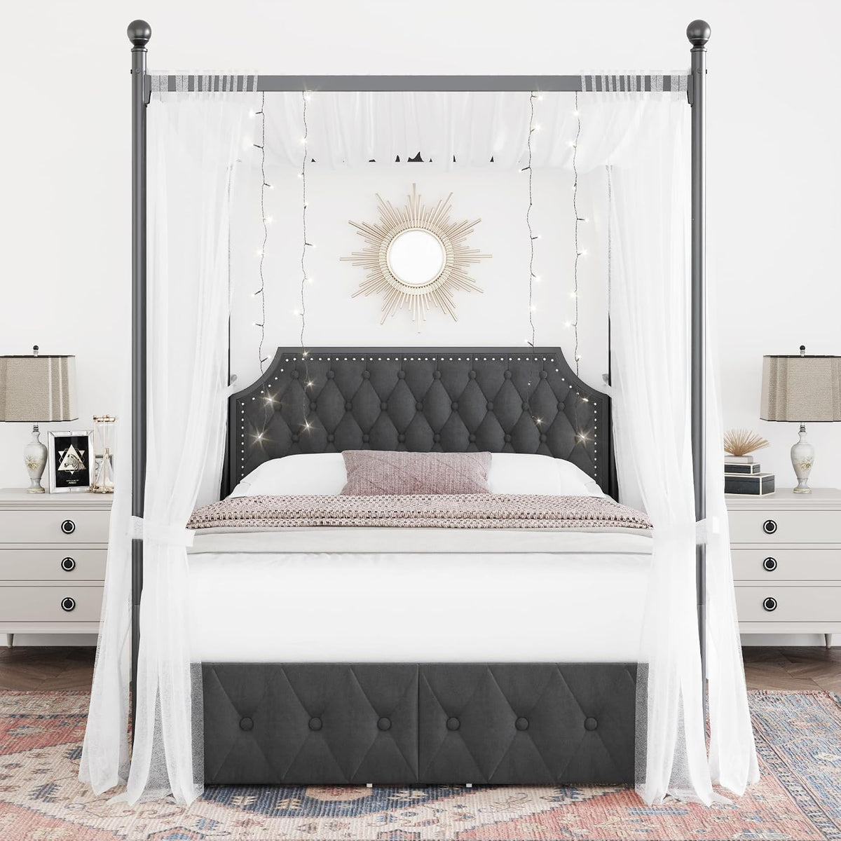 Queen Dark Grey Canopy Bed with 2 Storage Drawers