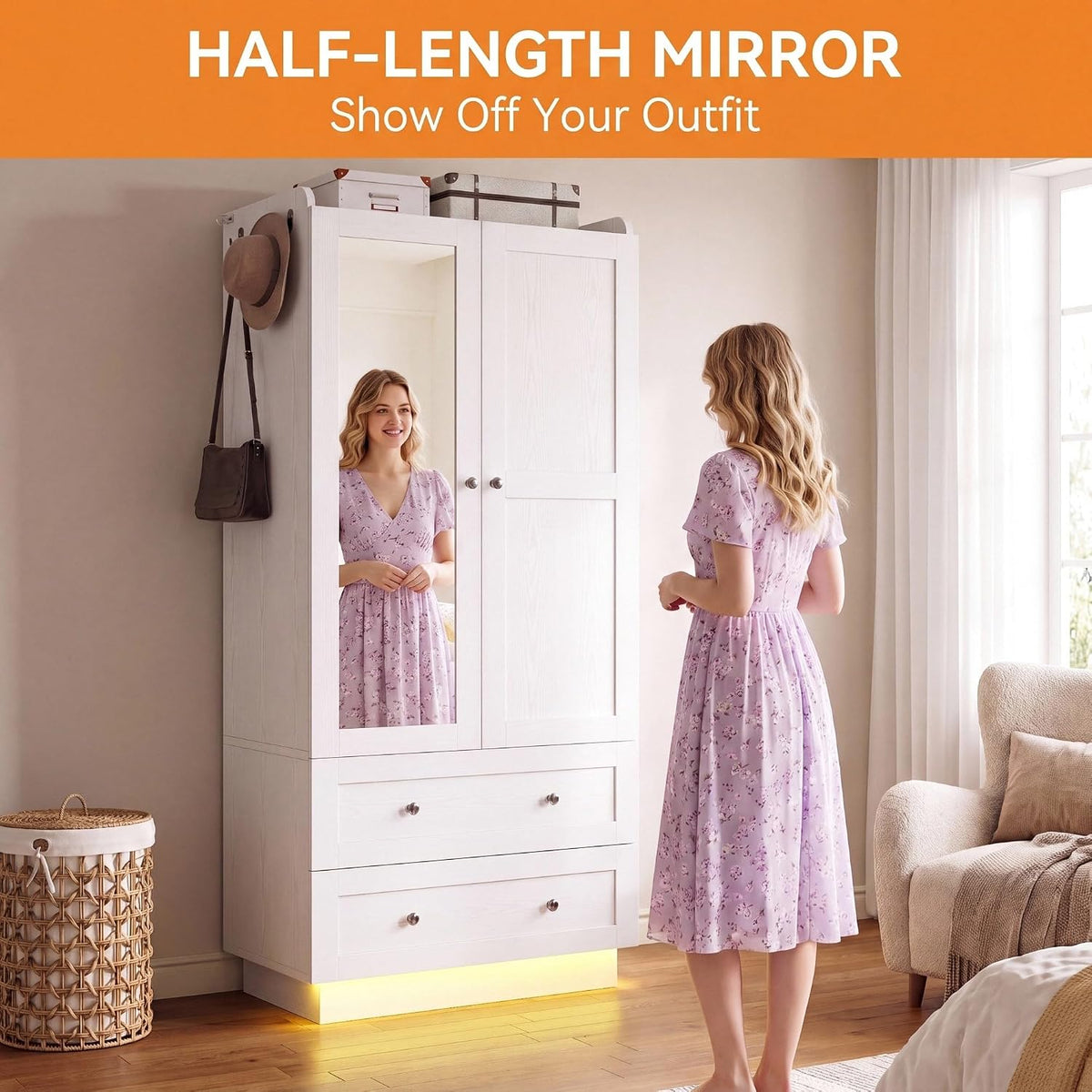 White Wardrobe with Mirror, Drawers & LED Lights