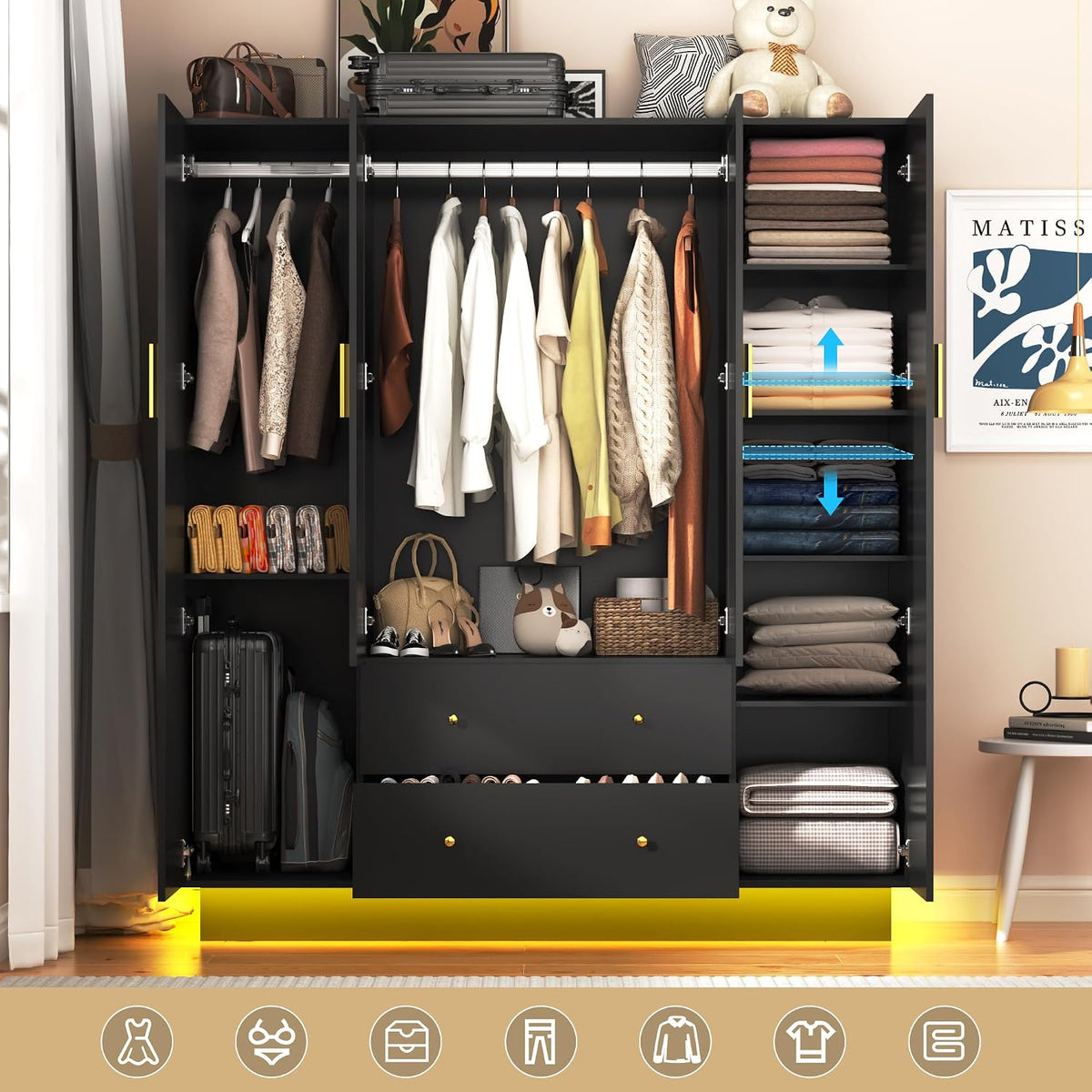 4‑Door Wardrobe with Mirror & LED Lights