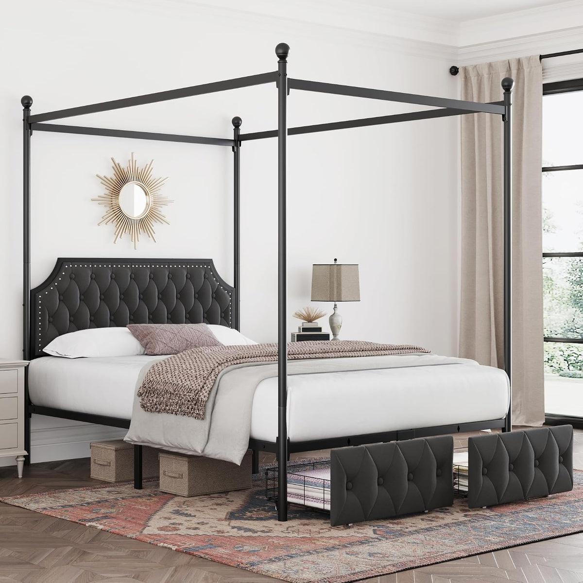 Queen Dark Grey Canopy Bed with 2 Storage Drawers