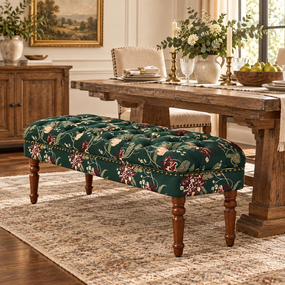 47.25" Green Vintage Floral Ottoman Bench