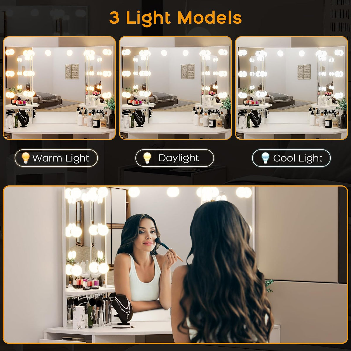 Corner Vanity & Bench, 3‑Folding Lighted Mirror