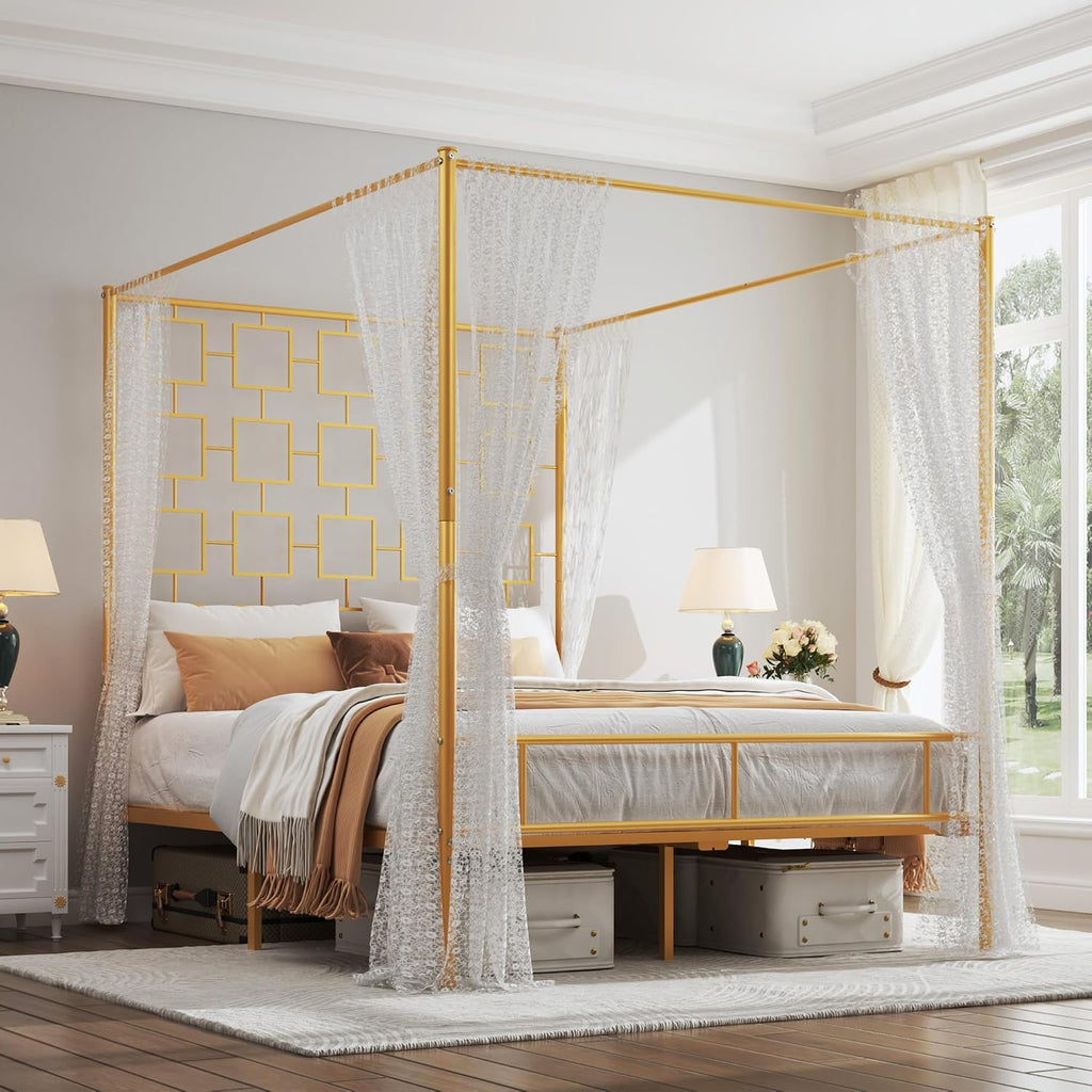 Queen Gold Metal Canopy Bed Frame