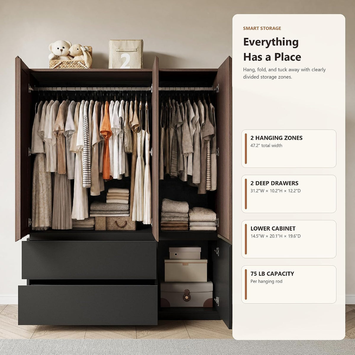 3‑Door Walnut & Black Wardrobe with Mirror & Drawers