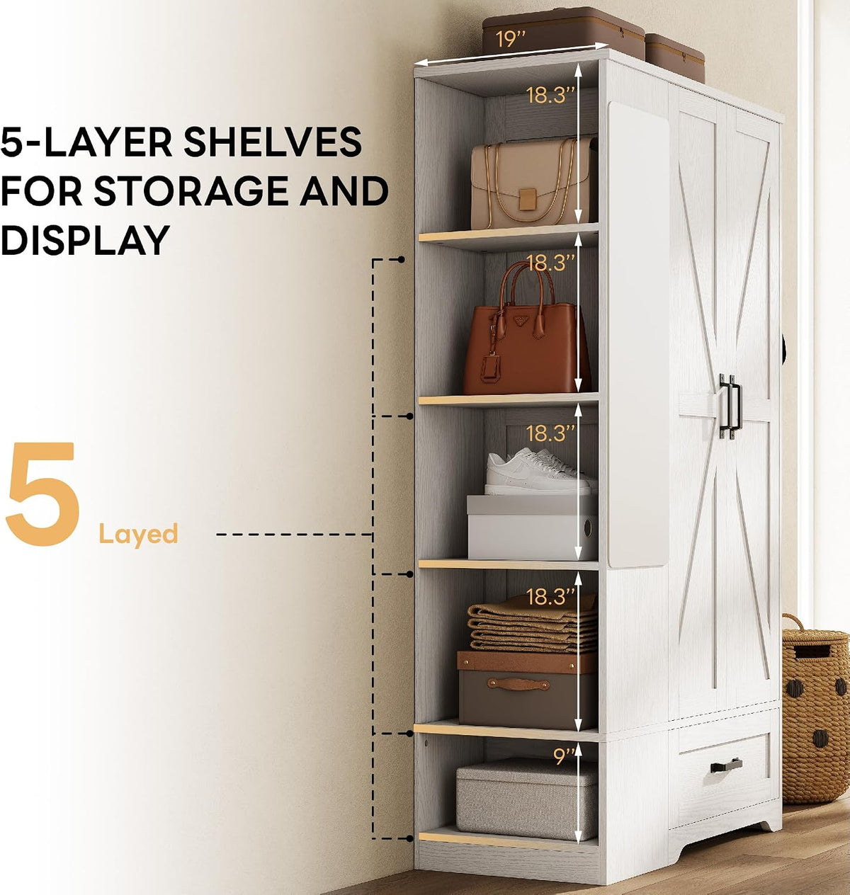 70" White Freestanding Wardrobe with Mirror & Drawer