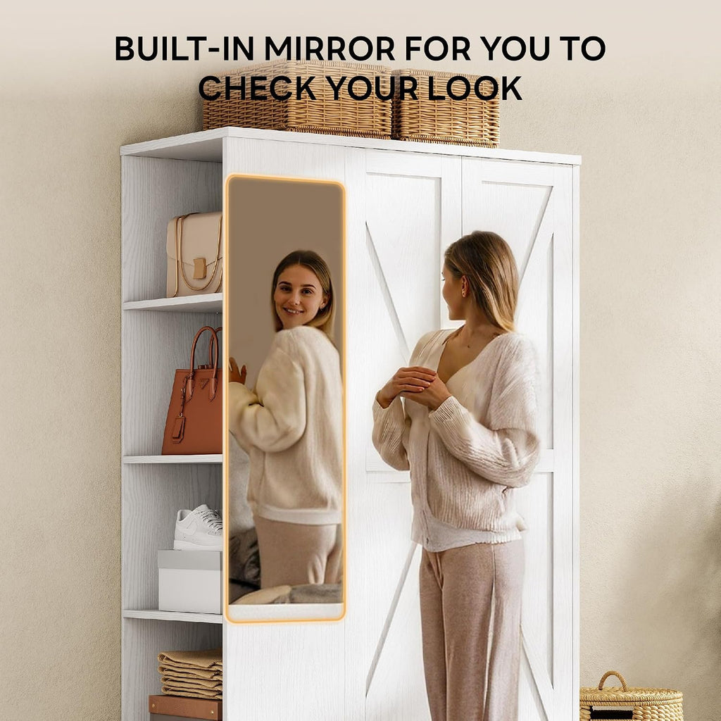 70" White Freestanding Wardrobe with Mirror & Drawer
