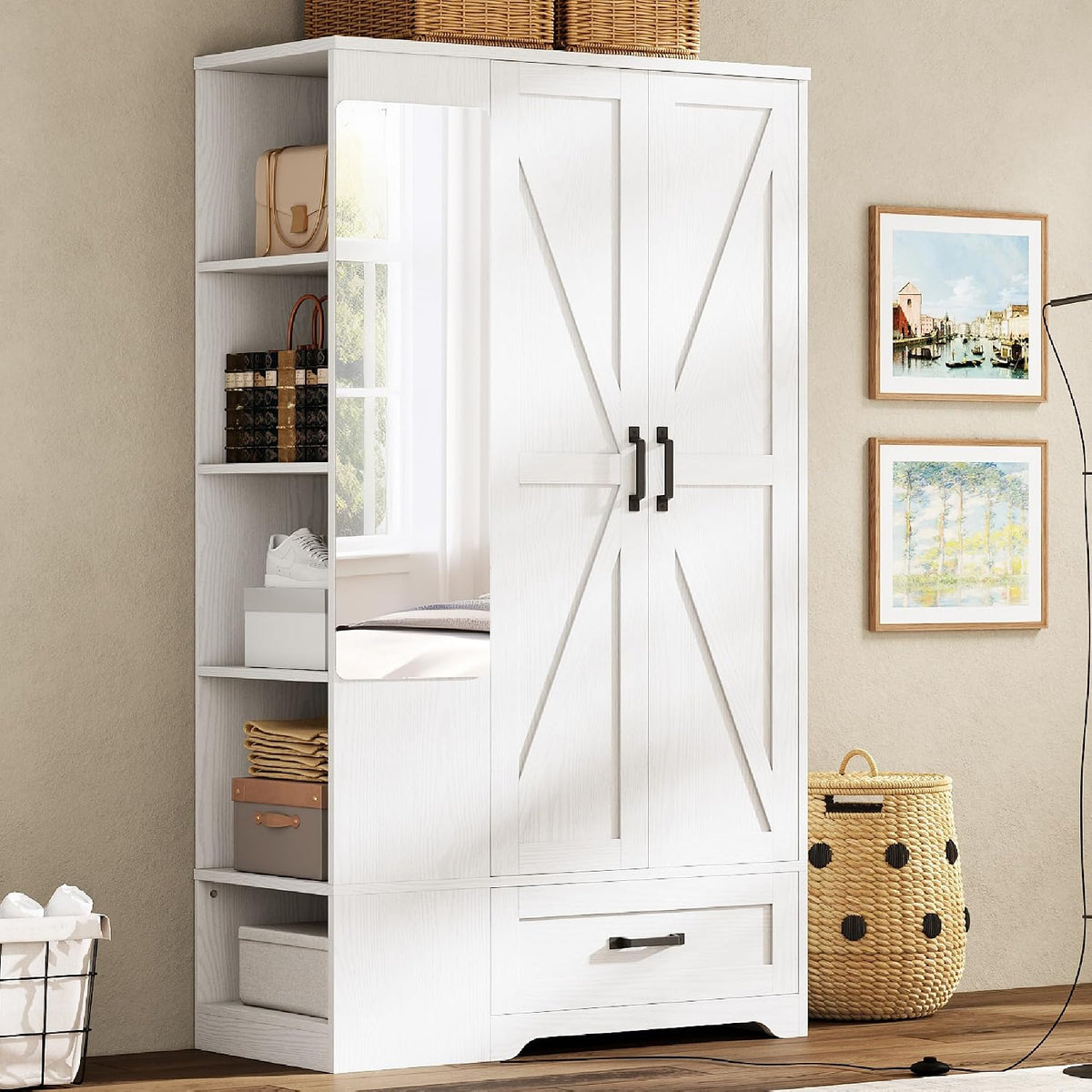 70" White Freestanding Wardrobe with Mirror & Drawer