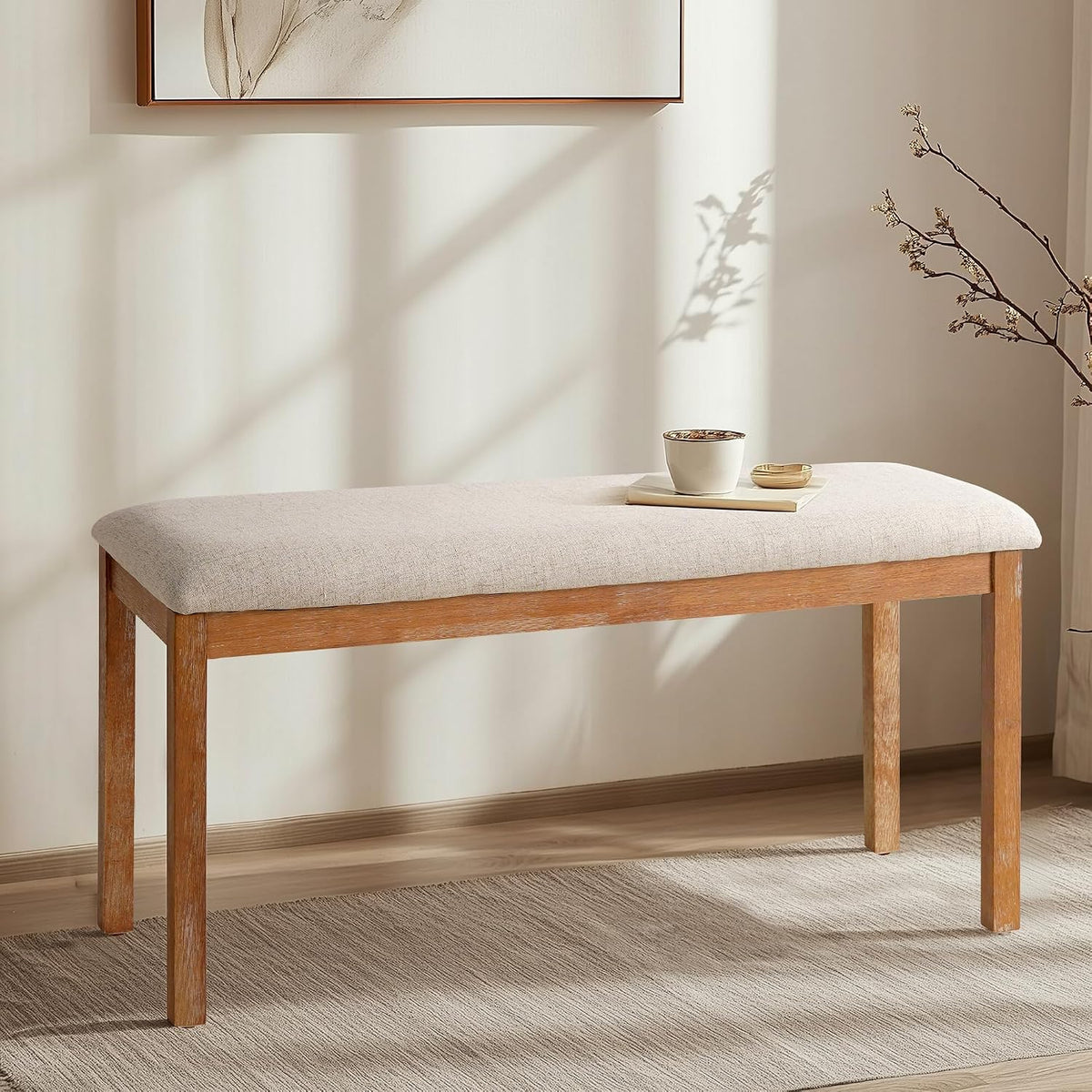 Farmhouse Wooden Upholstered Dining Bench